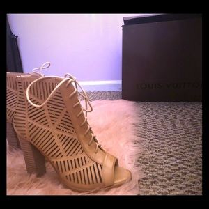 Tan Laceup Peeptoe Booties